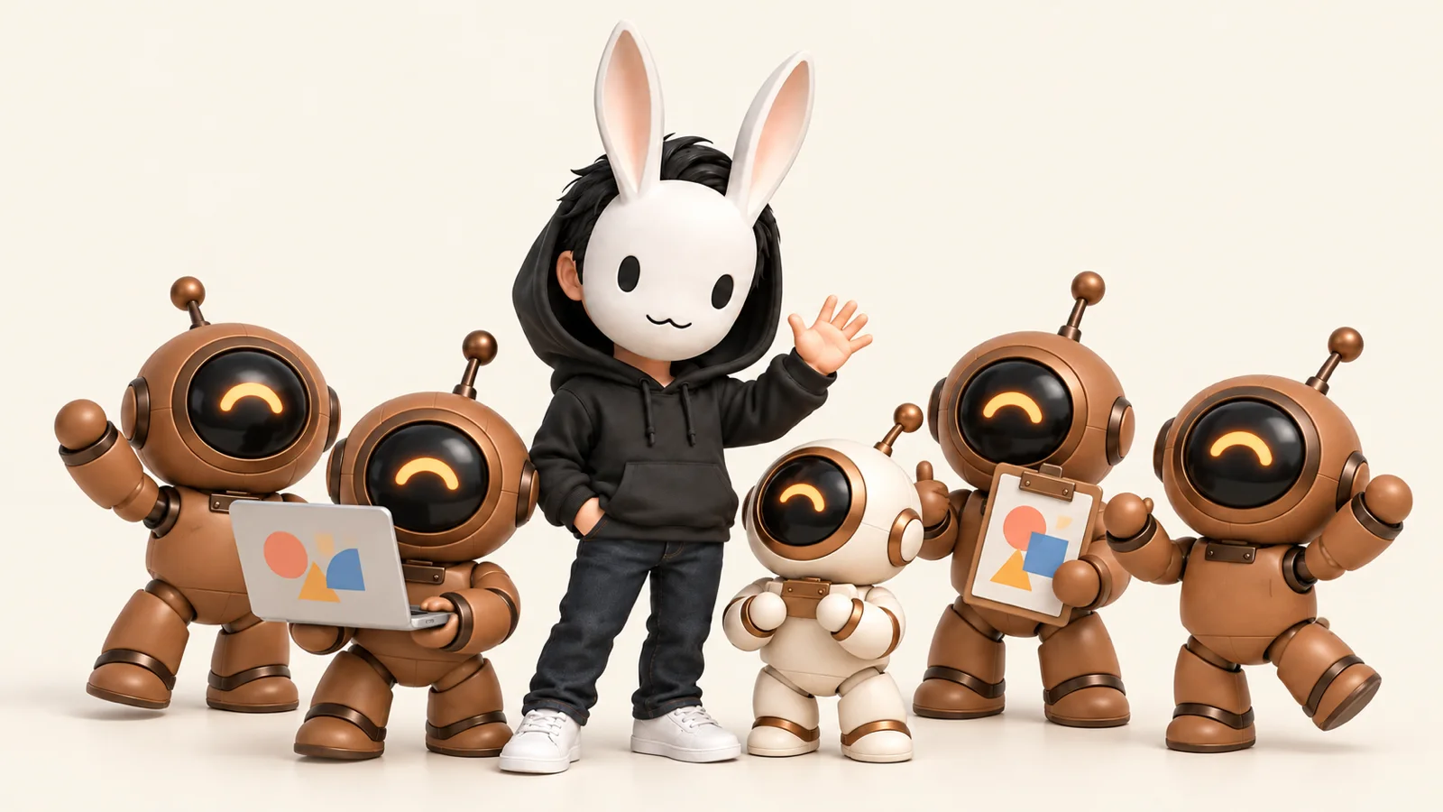 ろこと秘書、AI社員のロボたちが手をふっている