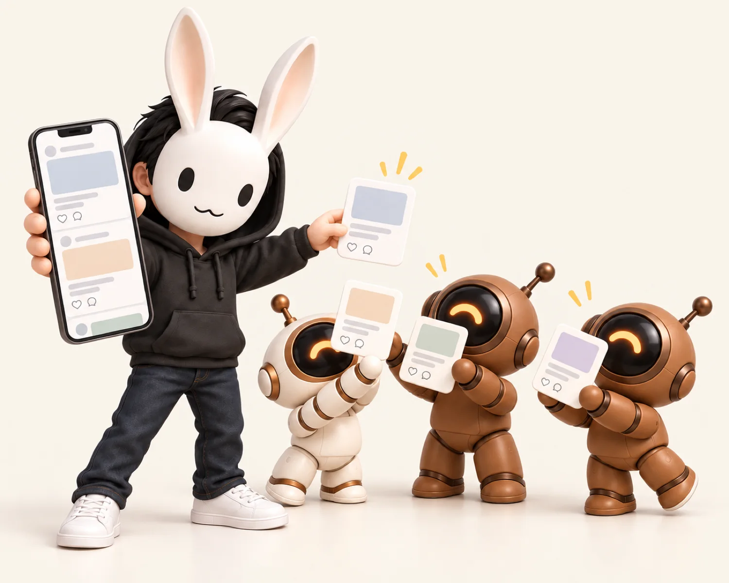 ロボたちが作った投稿の中から、ろこが届けるものを選んでスマホに載せている